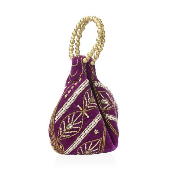 Embroidered  Velvety Leaf Pattern Potli Purple - Picture 2 of 4